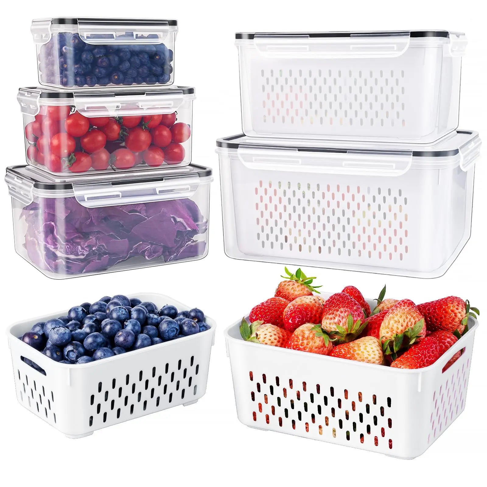 Fridge Produce Storage Set of 5 - Stackable BPA-Free Containers with Drain Colander, Fresh Keeper Organizer for Fruits, Vegetables, Berries & Lettuce