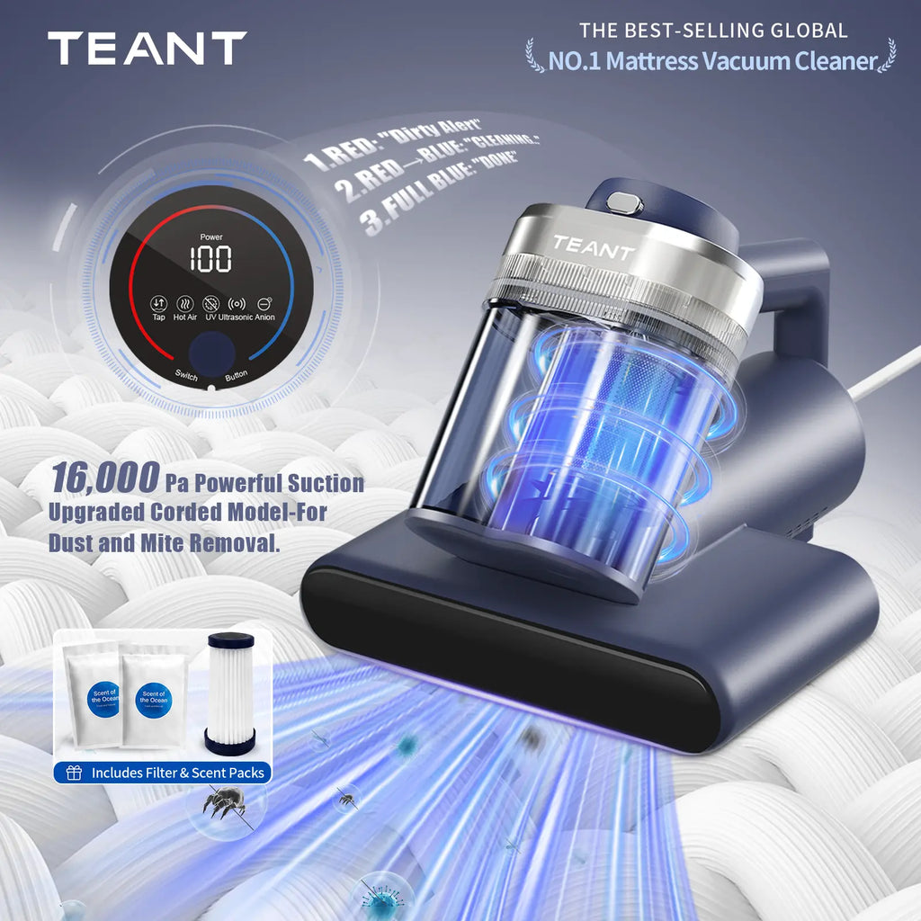 Powerful Mattress Vacuum Cleaner, 16kPa UV-C Sterilization, HEPA Filter, Hot Air & Anion for Bed, Sofa & Pet Hair