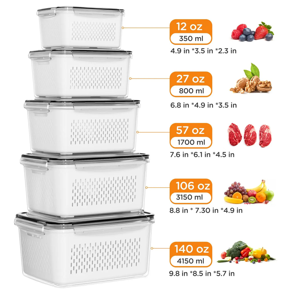 Fridge Produce Storage Set of 5 - Stackable BPA-Free Containers with Drain Colander, Fresh Keeper Organizer for Fruits, Vegetables, Berries & Lettuce