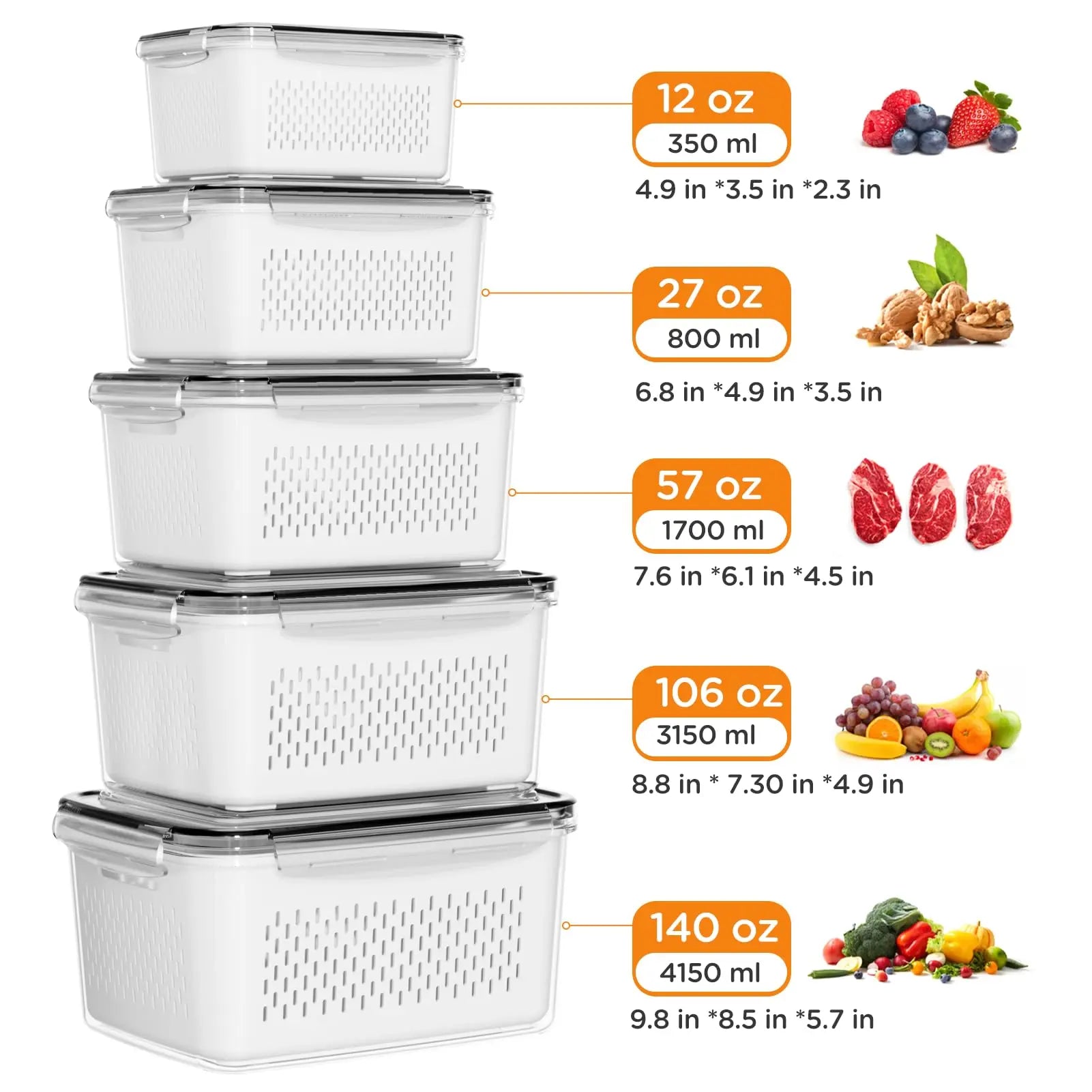 Fridge Produce Storage Set of 5 - Stackable BPA-Free Containers with Drain Colander, Fresh Keeper Organizer for Fruits, Vegetables, Berries & Lettuce