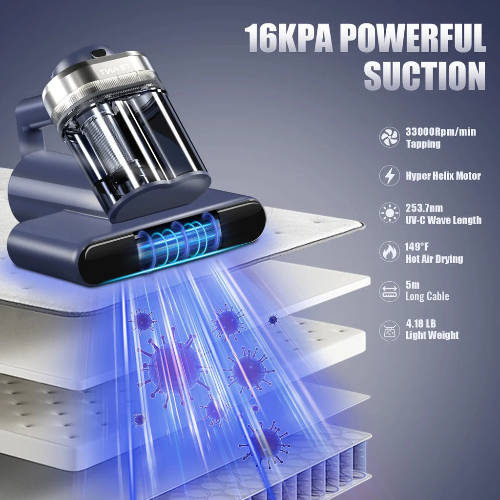 Powerful Mattress Vacuum Cleaner, 16kPa UV-C Sterilization, HEPA Filter, Hot Air & Anion for Bed, Sofa & Pet Hair