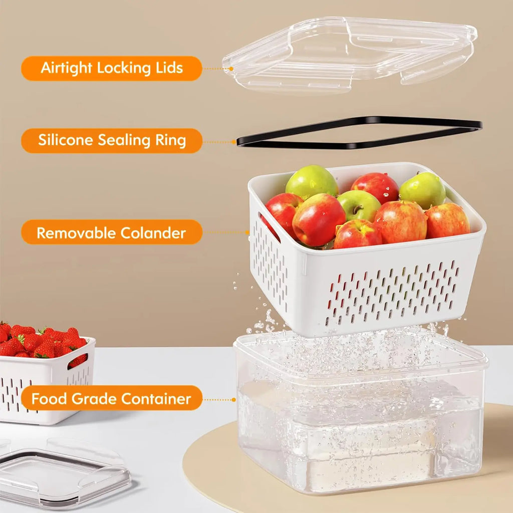 Fridge Produce Storage Set of 5 - Stackable BPA-Free Containers with Drain Colander, Fresh Keeper Organizer for Fruits, Vegetables, Berries & Lettuce
