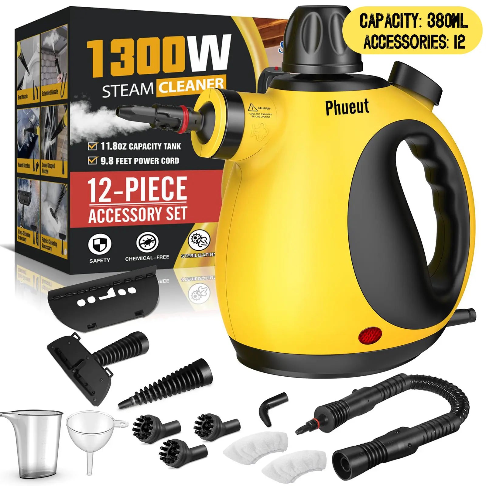 Pressurized Handheld Multi-Surface Natural Steam Cleaner with 12 pcs Accessories, Multi-Purpose Steamer for Home Use, Steamer for Cleaning Floor, Upholstery, Grout and Car