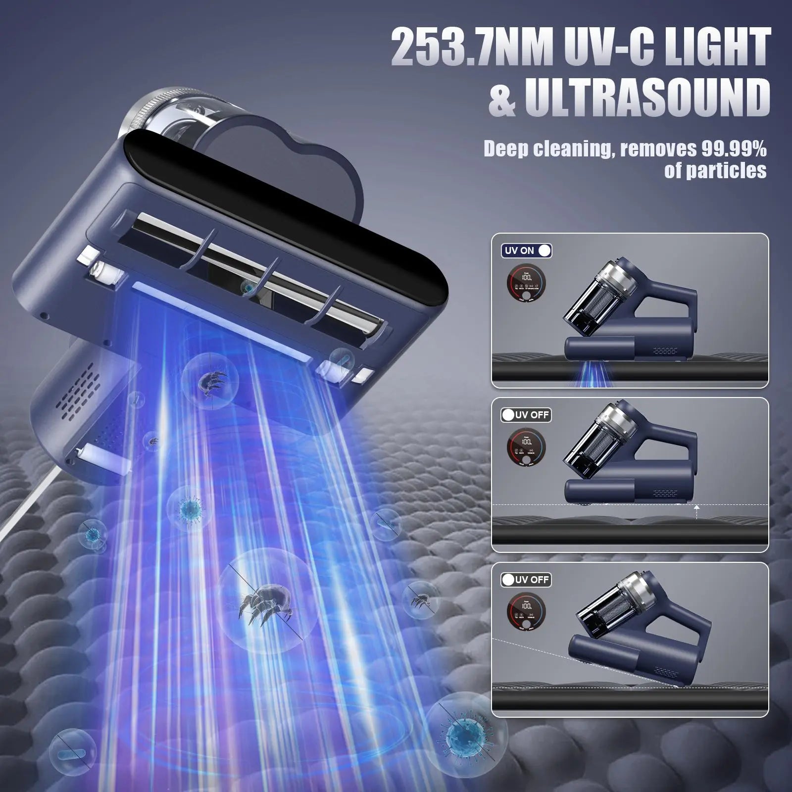 Powerful Mattress Vacuum Cleaner, 16kPa UV-C Sterilization, HEPA Filter, Hot Air & Anion for Bed, Sofa & Pet Hair