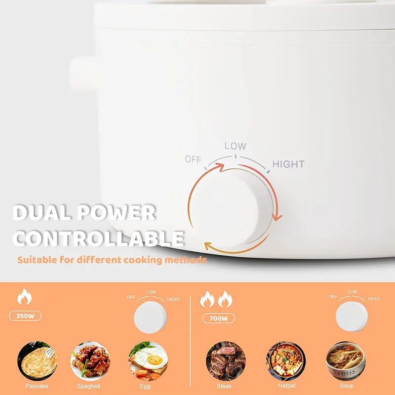 2L Ceramic Non-Stick Electric Pot, Dual Power Multi-Functional Cooker for Hot Pot, Ramen, Steak & Pasta