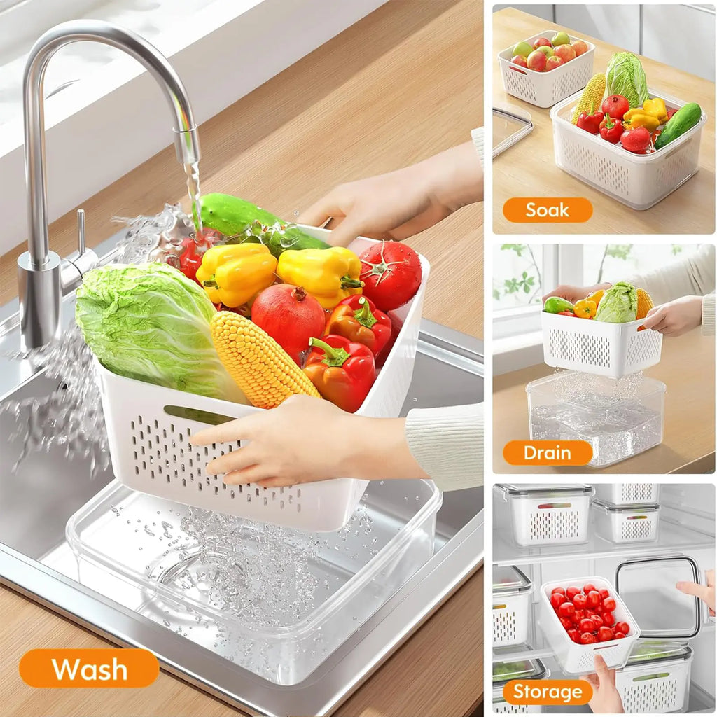Fridge Produce Storage Set of 5 - Stackable BPA-Free Containers with Drain Colander, Fresh Keeper Organizer for Fruits, Vegetables, Berries & Lettuce