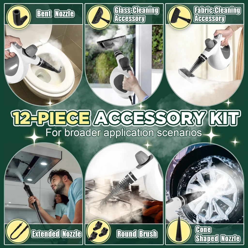 Pressurized Handheld Multi-Surface Natural Steam Cleaner with 12 pcs Accessories, Multi-Purpose Steamer for Home Use, Steamer for Cleaning Floor, Upholstery, Grout and Car