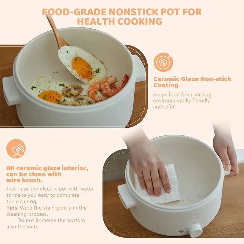 2L Ceramic Non-Stick Electric Pot, Dual Power Multi-Functional Cooker for Hot Pot, Ramen, Steak & Pasta