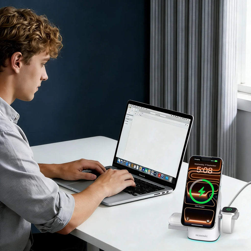 3-in-1 Wireless Charger 25W Quick Charge Hub 45W Adapter iPhone Samsung iWatch AirPods Magnetic One-Click Auto Rotation Travel-Friendly