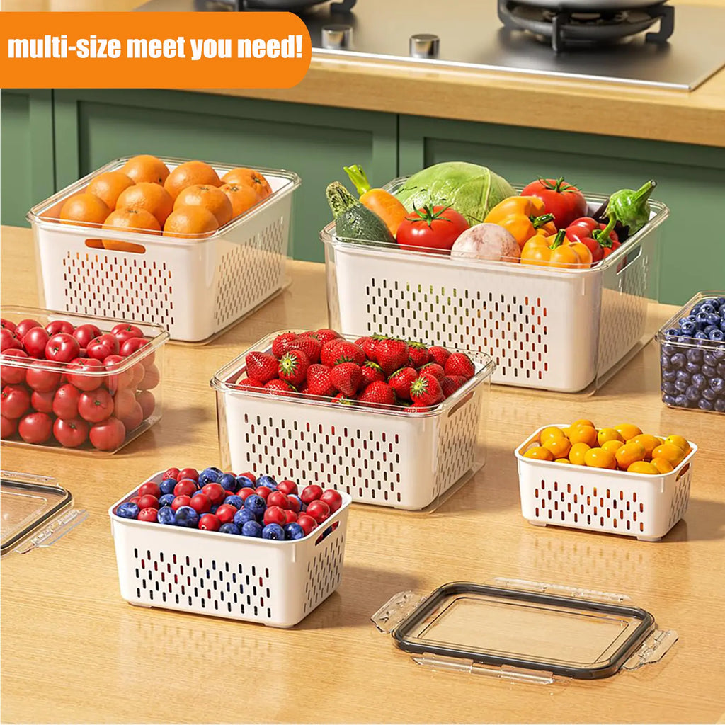 Fridge Produce Storage Set of 5 - Stackable BPA-Free Containers with Drain Colander, Fresh Keeper Organizer for Fruits, Vegetables, Berries & Lettuce