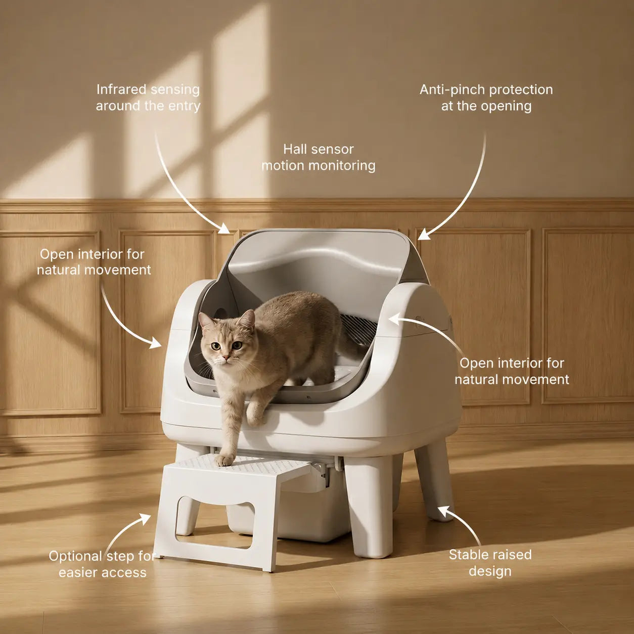 Automatic Open-Top Cat Litter Box with Self-Cleaning, Easy Front Entry & Triple Safety Protection
