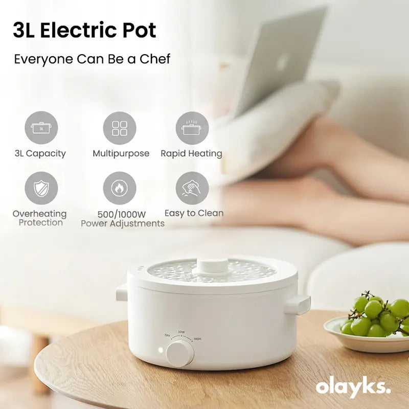 2L Ceramic Non-Stick Electric Pot, Dual Power Multi-Functional Cooker for Hot Pot, Ramen, Steak & Pasta