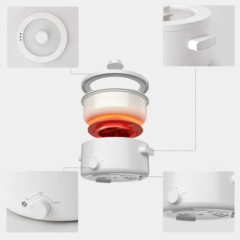 2L Ceramic Non-Stick Electric Pot, Dual Power Multi-Functional Cooker for Hot Pot, Ramen, Steak & Pasta