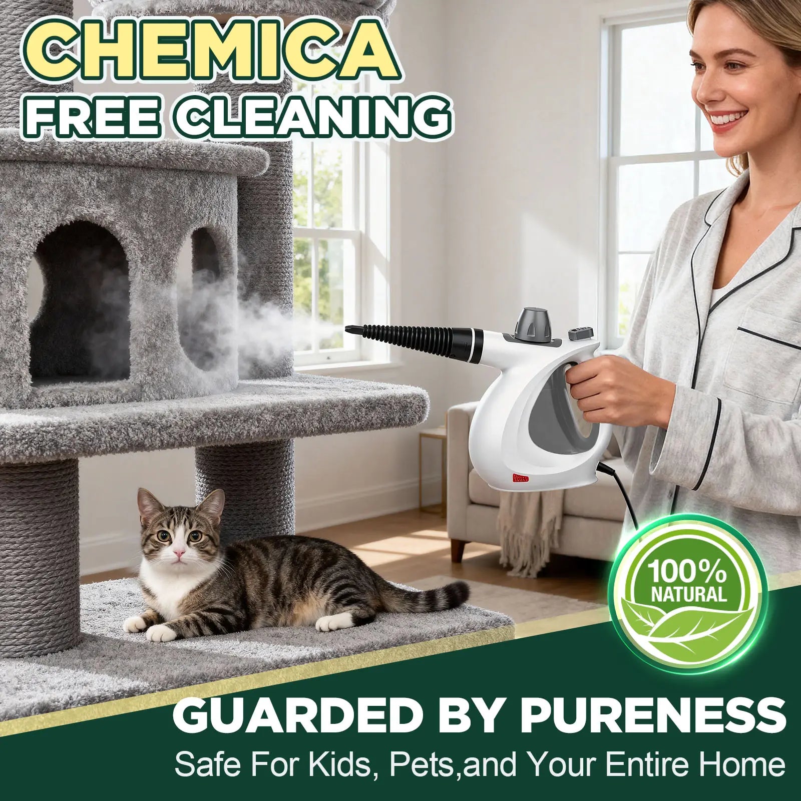 Pressurized Handheld Multi-Surface Natural Steam Cleaner with 12 pcs Accessories, Multi-Purpose Steamer for Home Use, Steamer for Cleaning Floor, Upholstery, Grout and Car
