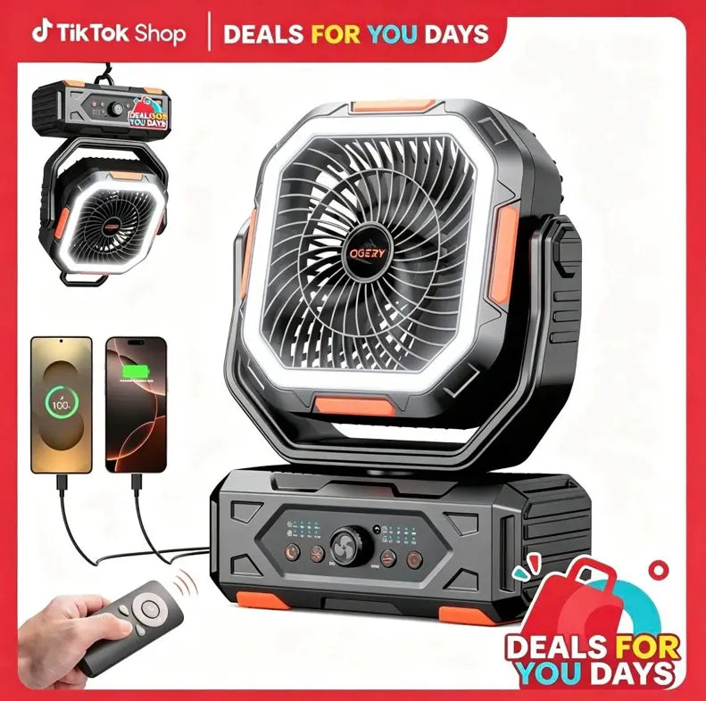 2026 Upgraded Camping Fan 30000mAh, Rechargeable Portable Fan with LED Lights & 270° Rotation, Remote Control Desk Fan for Tent Travel Home & Outdoor Use
