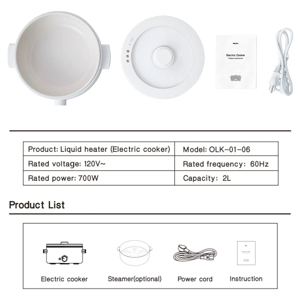 2L Ceramic Non-Stick Electric Pot, Dual Power Multi-Functional Cooker for Hot Pot, Ramen, Steak & Pasta